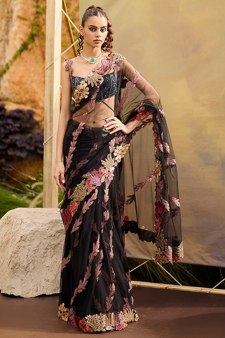 Black Tulle Floral Embroidered Bridal Saree Set by Mishru at Pernia's Pop Up Shop