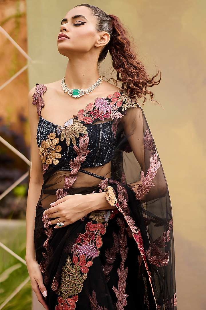 Black Tulle Floral Embroidered Bridal Saree Set by Mishru at Pernia's Pop Up Shop