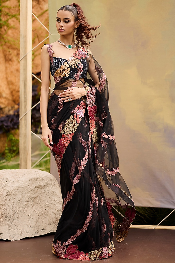 Black Tulle Floral Embroidered Bridal Saree Set by Mishru at Pernia's Pop Up Shop