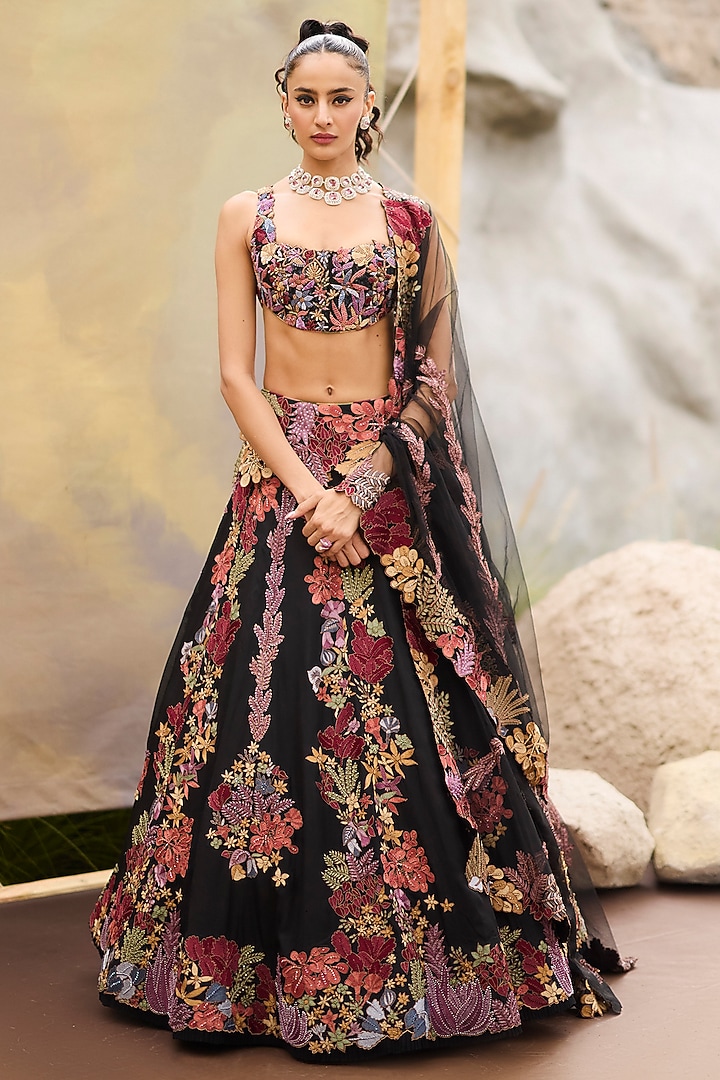 Black Organza Floral Embroidered Kalidar Bridal Lehenga Set by Mishru at Pernia's Pop Up Shop