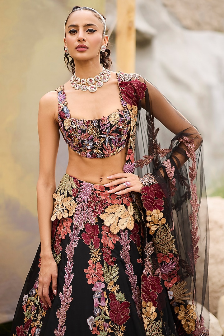 Black Organza Floral Embroidered Kalidar Bridal Lehenga Set by Mishru at Pernia's Pop Up Shop