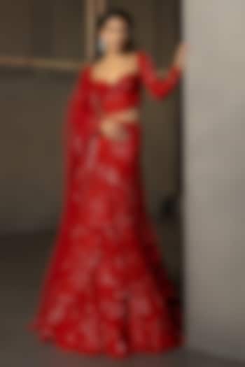 Red Tulle Embroidered Layered Skirt Set by Mishru at Pernia's Pop Up Shop