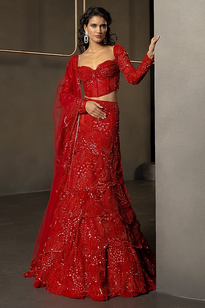 Red Tulle Embroidered Layered Skirt Set by Mishru at Pernia's Pop Up Shop