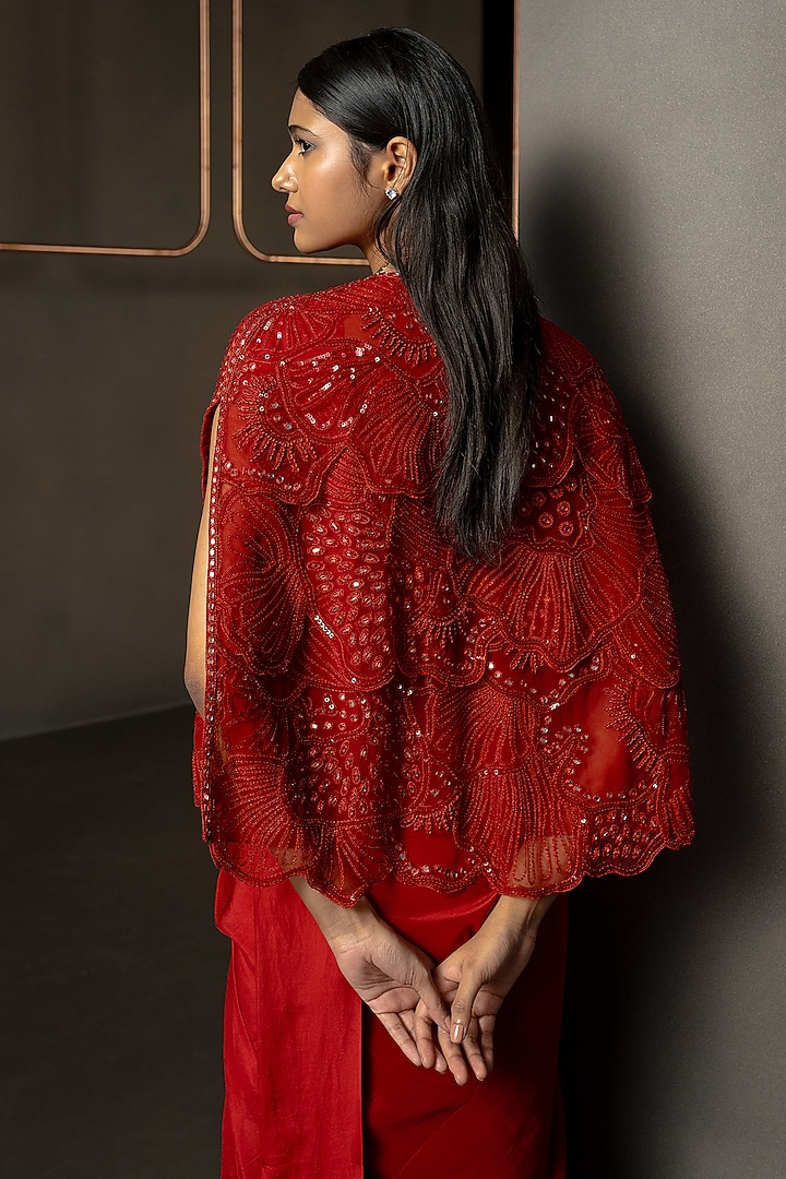 Red Silk Pre-Draped Cape Bridal Saree Set by Mishru at Pernia's Pop Up Shop