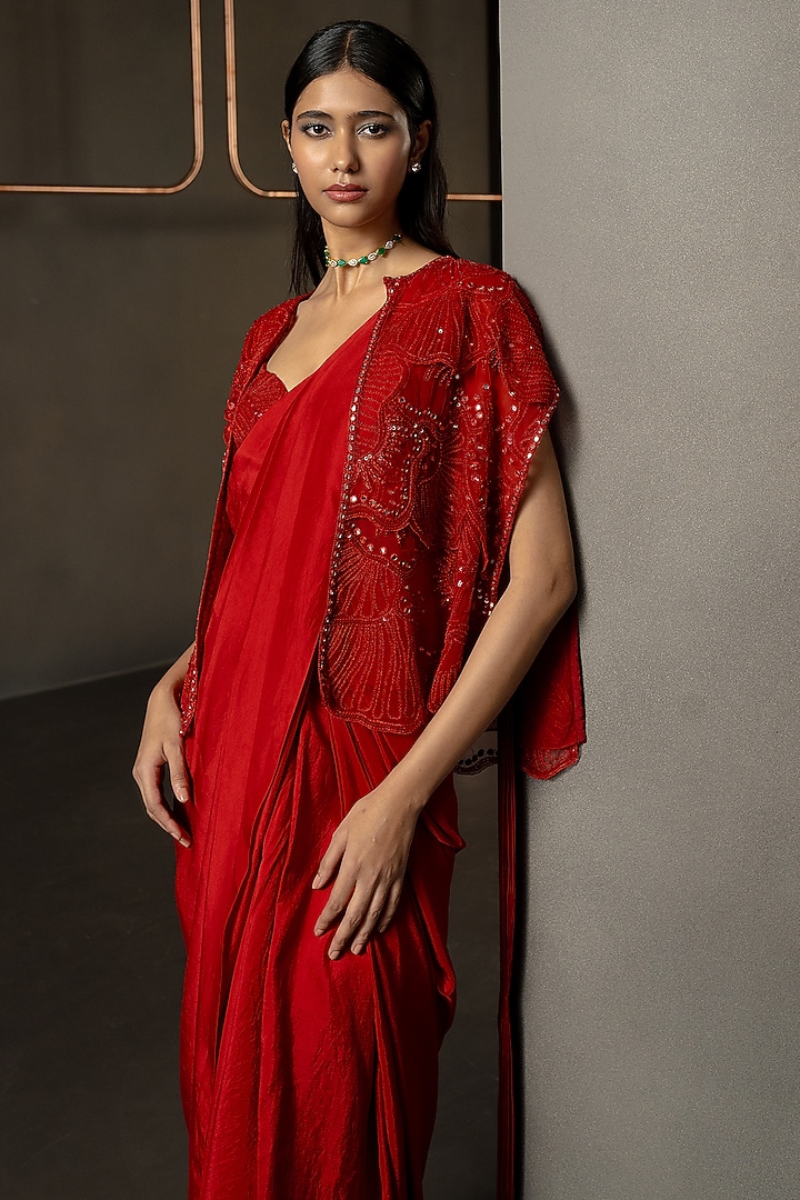 Red Silk Pre-Draped Cape Bridal Saree Set by Mishru at Pernia's Pop Up Shop