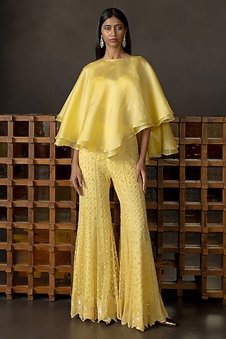 Butter Yellow Tulle Jaal Embroidered Pant Set by Mishru