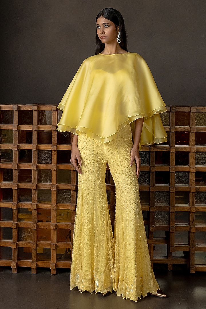 Butter Yellow Tulle Jaal Embroidered Pant Set by Mishru at Pernia's Pop Up Shop