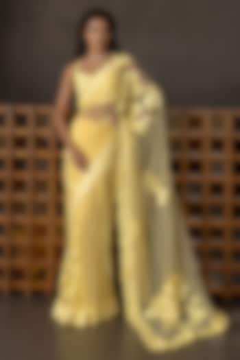 Butter Yellow Tulle Floral Embroidered Bridal Saree Set by Mishru at Pernia's Pop Up Shop