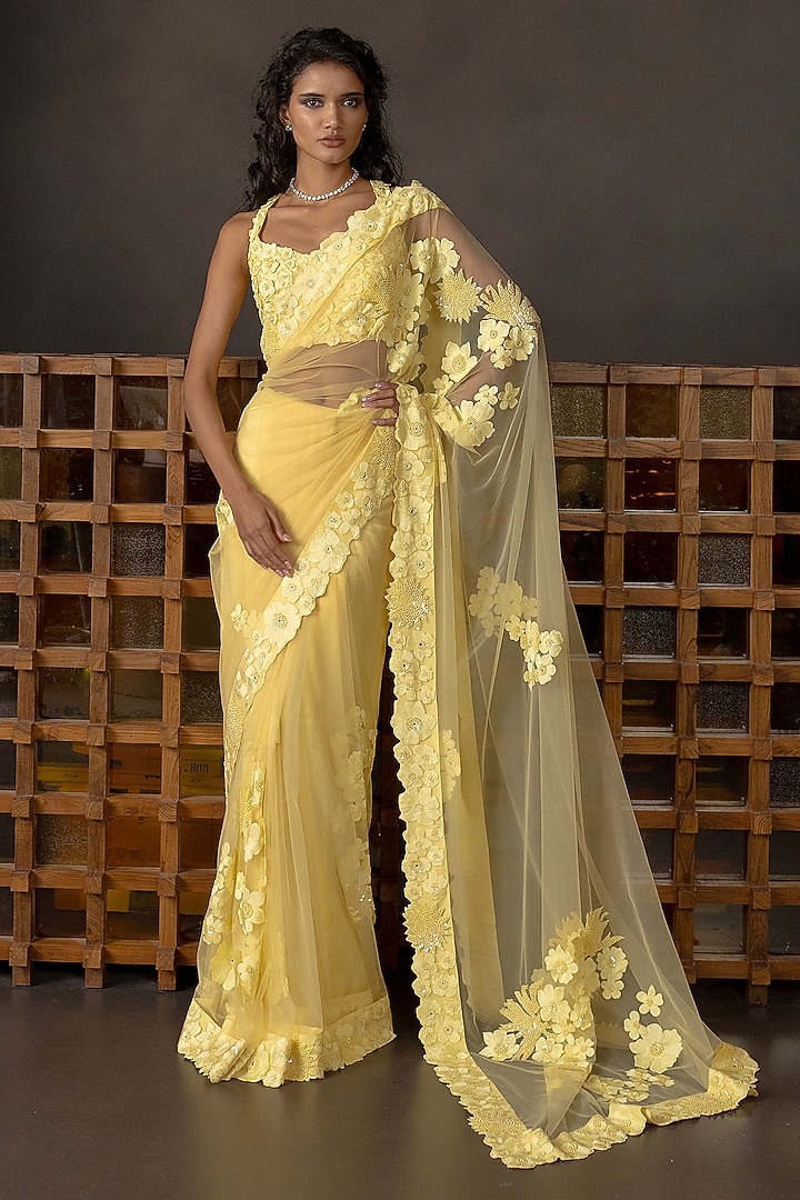 Butter Yellow Tulle Floral Embroidered Bridal Saree Set by Mishru at Pernia's Pop Up Shop