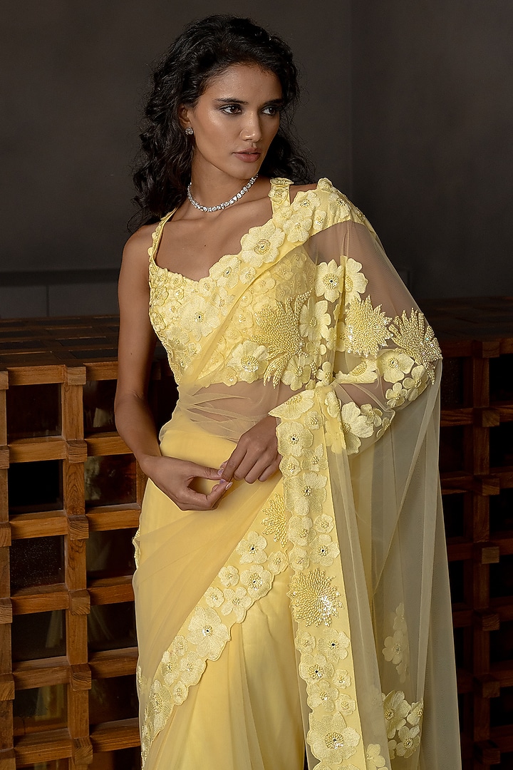 Butter Yellow Tulle Floral Embroidered Bridal Saree Set by Mishru at Pernia's Pop Up Shop