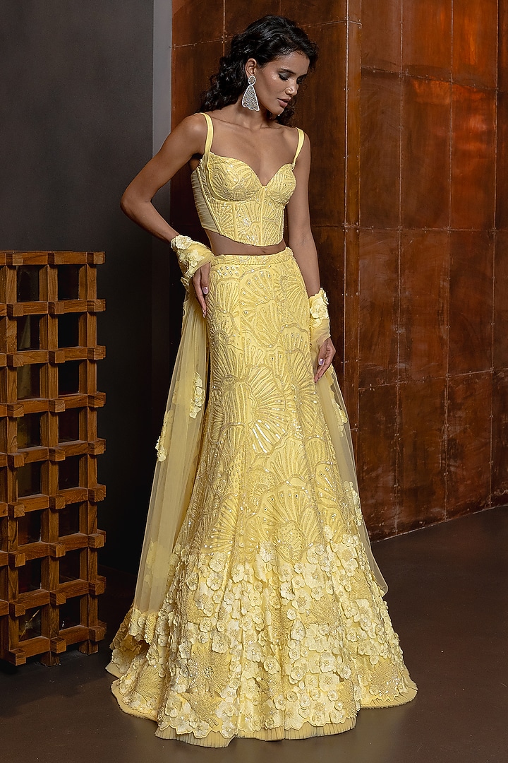 Butter Yellow Tulle Floral Embroidered Bridal Lehenga Set by Mishru at Pernia's Pop Up Shop
