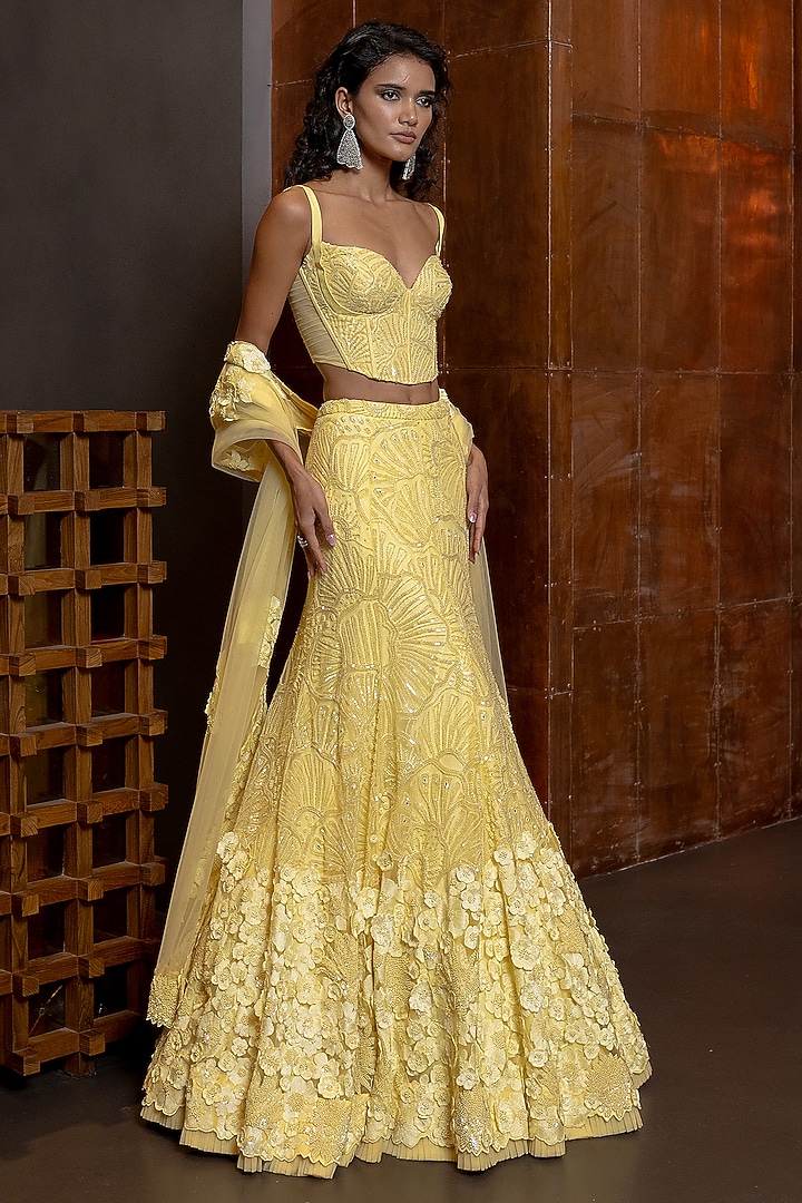 Butter Yellow Tulle Floral Embroidered Bridal Lehenga Set by Mishru at Pernia's Pop Up Shop