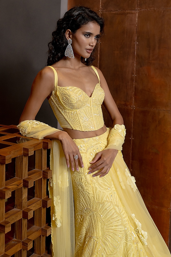 Butter Yellow Tulle Floral Embroidered Bridal Lehenga Set by Mishru at Pernia's Pop Up Shop