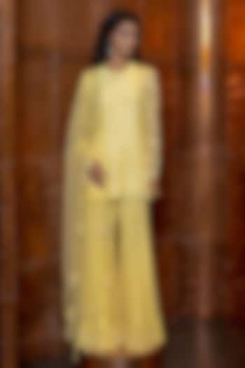 Butter Yellow Chiffon & Silk Embroidered Chintz Kurta Set by Mishru at Pernia's Pop Up Shop