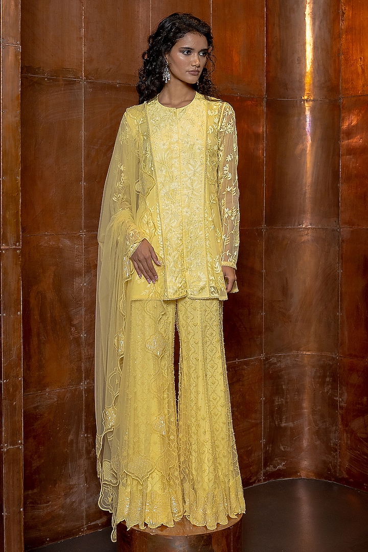 Butter Yellow Chiffon & Silk Embroidered Chintz Kurta Set by Mishru at Pernia's Pop Up Shop