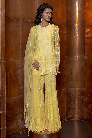 Butter Yellow Chiffon & Silk Embroidered Chintz Kurta Set by Mishru