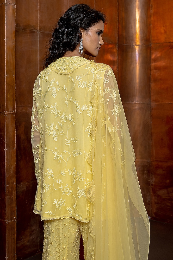 Butter Yellow Chiffon & Silk Embroidered Chintz Kurta Set by Mishru at Pernia's Pop Up Shop