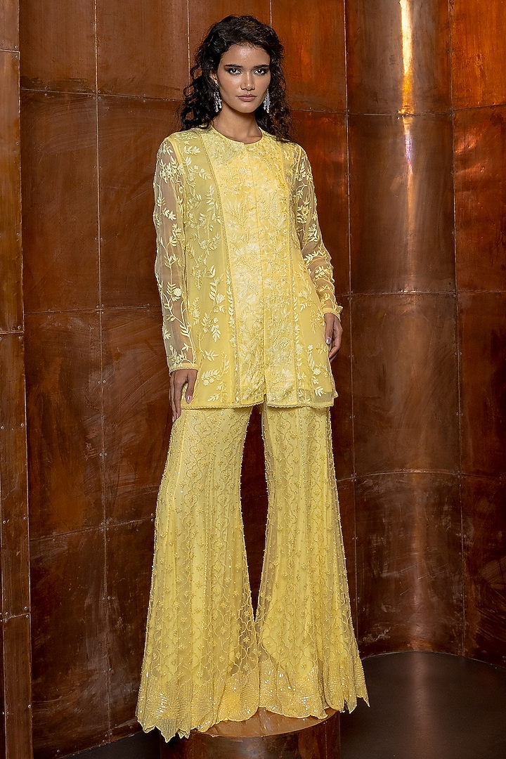 Butter Yellow Chiffon & Silk Embroidered Chintz Kurta Set by Mishru at Pernia's Pop Up Shop