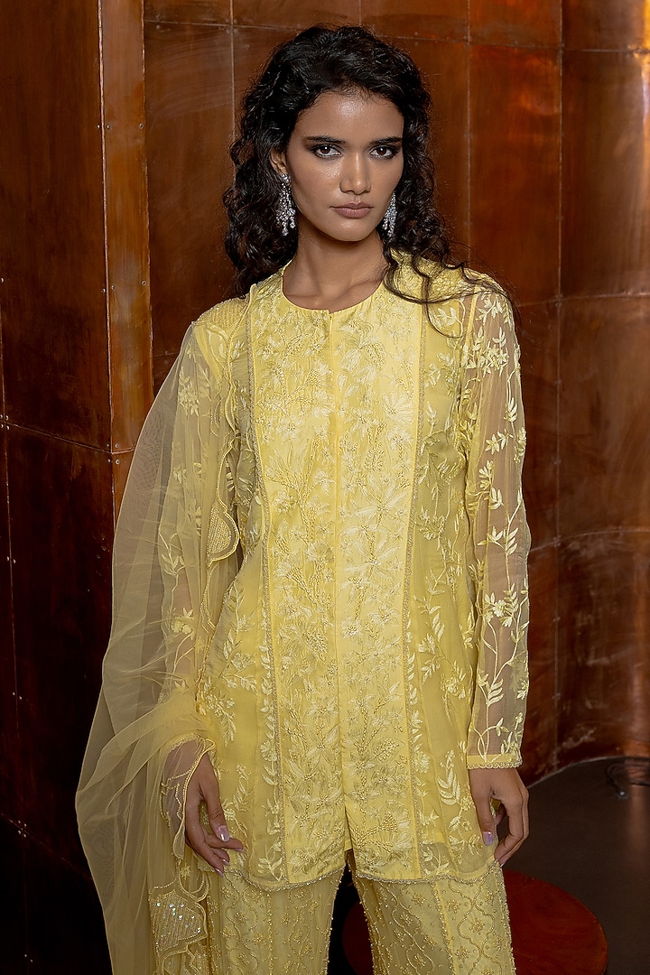 Butter Yellow Chiffon & Silk Embroidered Chintz Kurta Set by Mishru at Pernia's Pop Up Shop