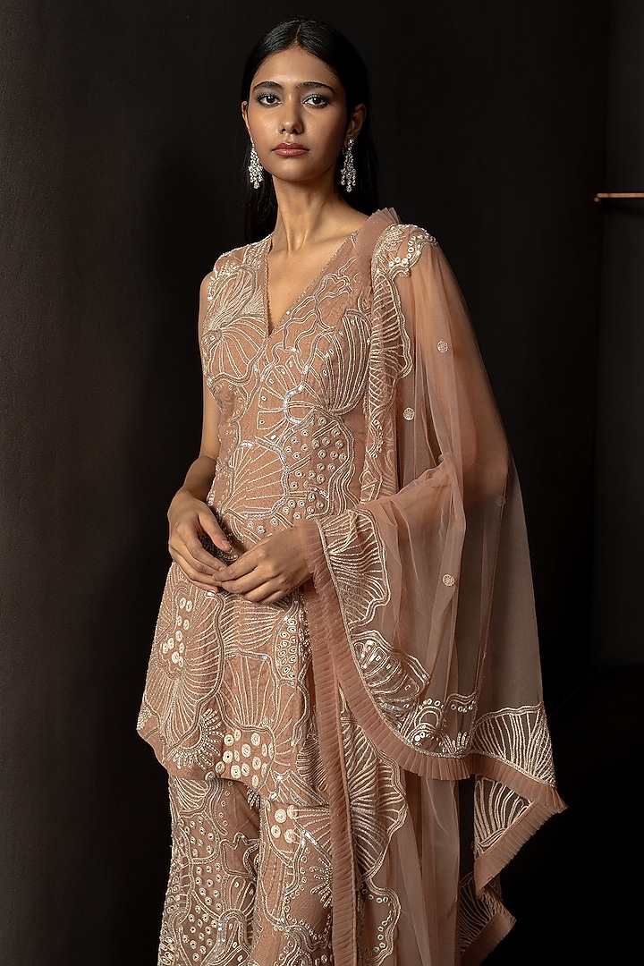 Husna Brown Tulle Kurta Set by Mishru at Pernia's Pop Up Shop
