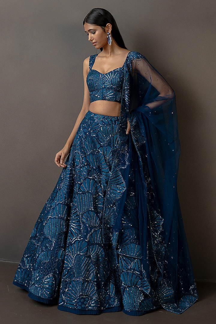 Navy Blue Tulle Embroidered Bridal Lehenga Set by Mishru at Pernia's Pop Up Shop