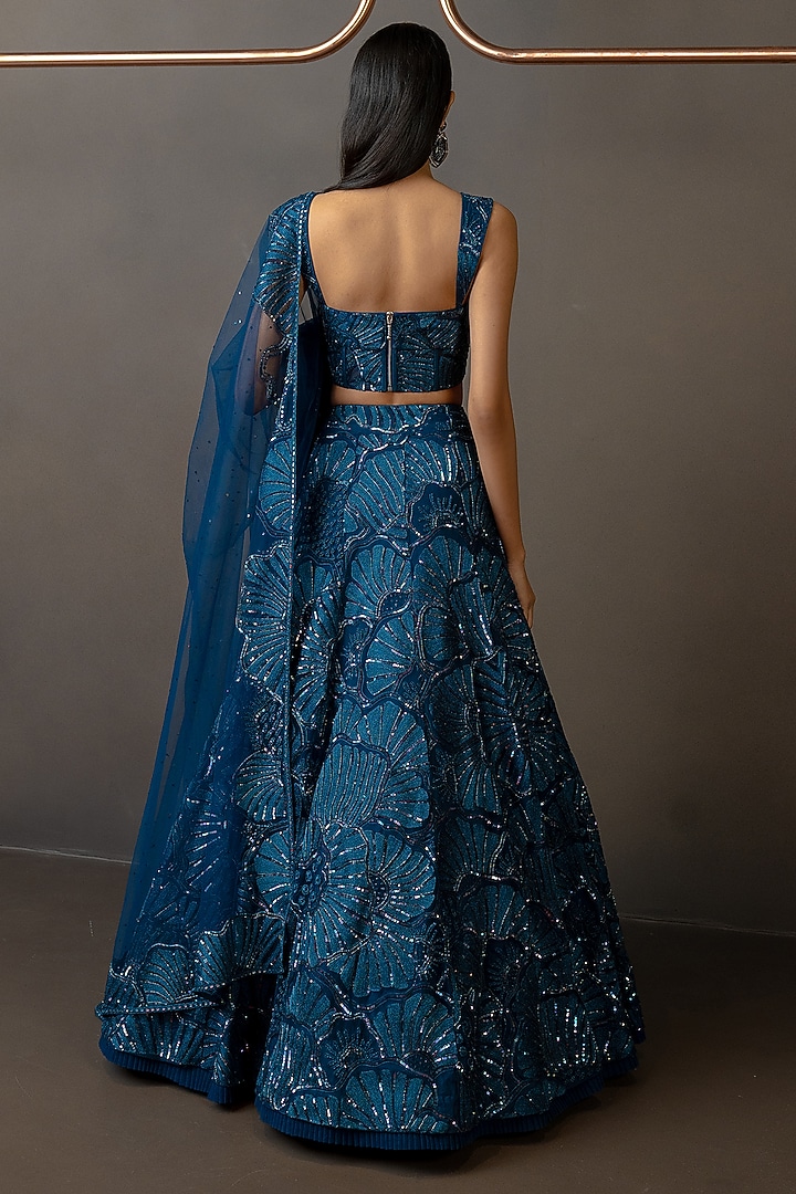 Navy Blue Tulle Embroidered Bridal Lehenga Set by Mishru at Pernia's Pop Up Shop