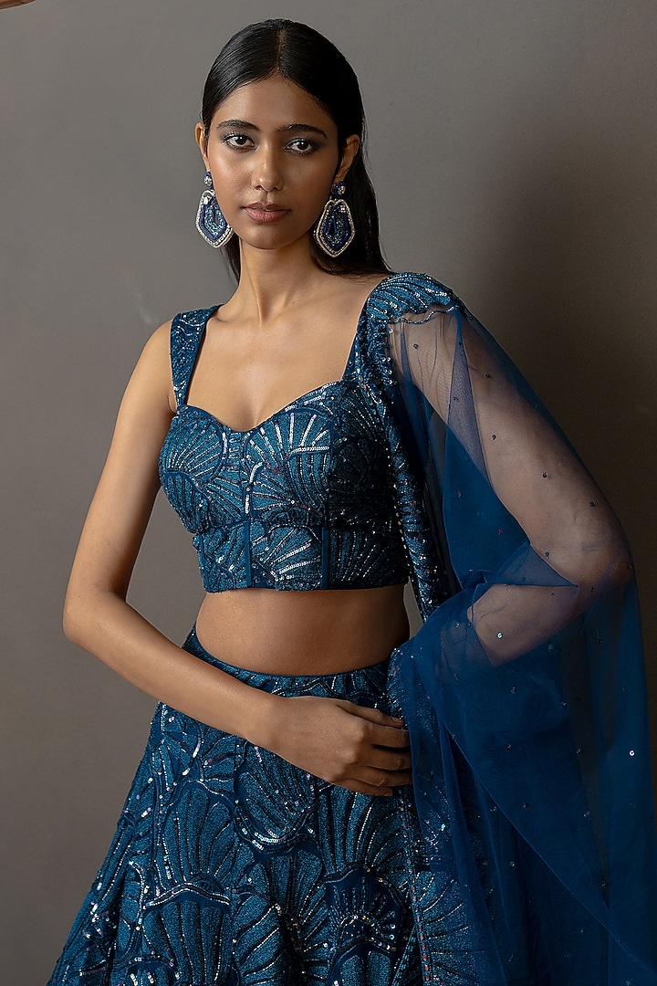 Navy Blue Tulle Embroidered Bridal Lehenga Set by Mishru at Pernia's Pop Up Shop