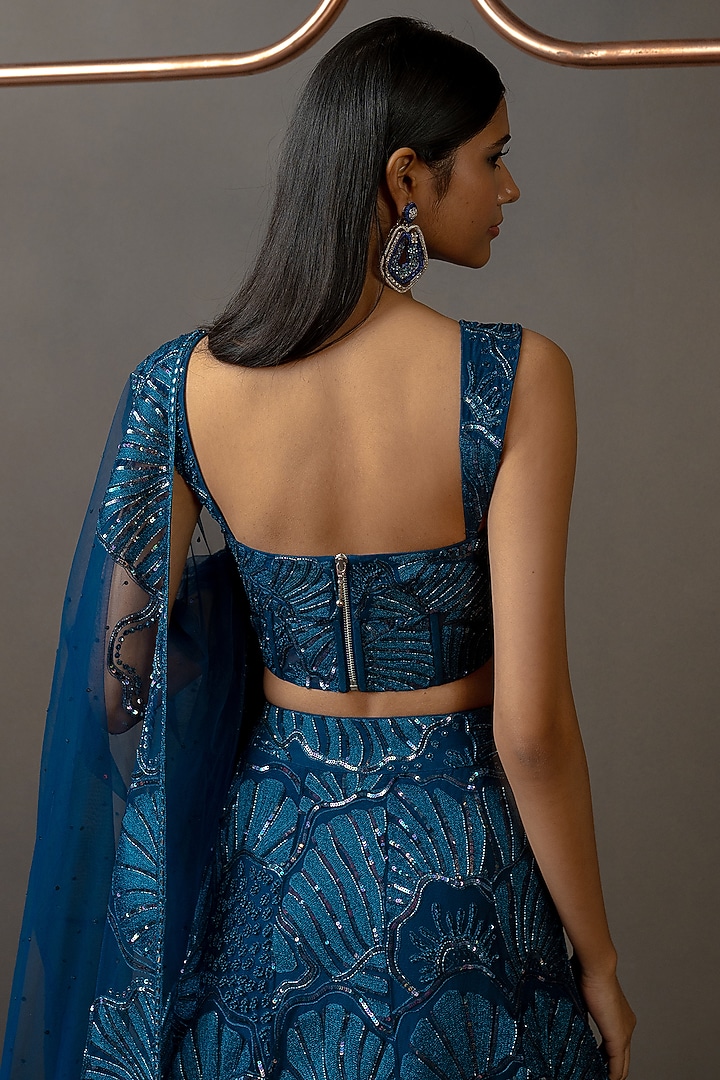 Navy Blue Tulle Embroidered Bridal Lehenga Set by Mishru at Pernia's Pop Up Shop