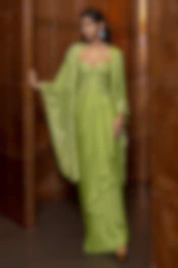 Green Satin Embroidered Draped Skirt Set by Mishru at Pernia's Pop Up Shop