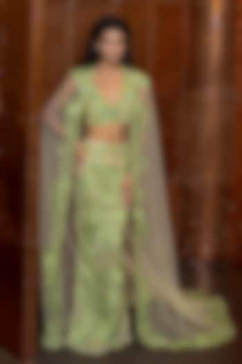 Green Tulle Embroidered Skirt Set by Mishru at Pernia's Pop Up Shop