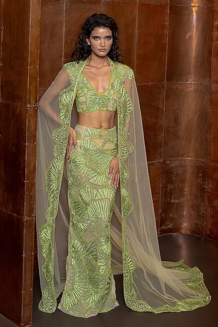 Green Tulle Embroidered Skirt Set by Mishru at Pernia's Pop Up Shop