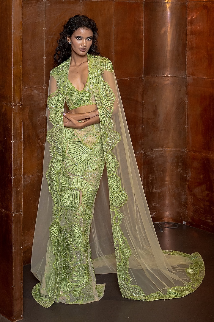 Green Tulle Embroidered Skirt Set by Mishru at Pernia's Pop Up Shop