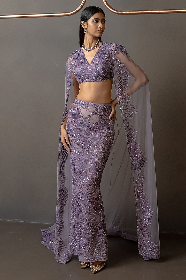 Lavender Tulle Embroidered Skirt Set by Mishru at Pernia's Pop Up Shop