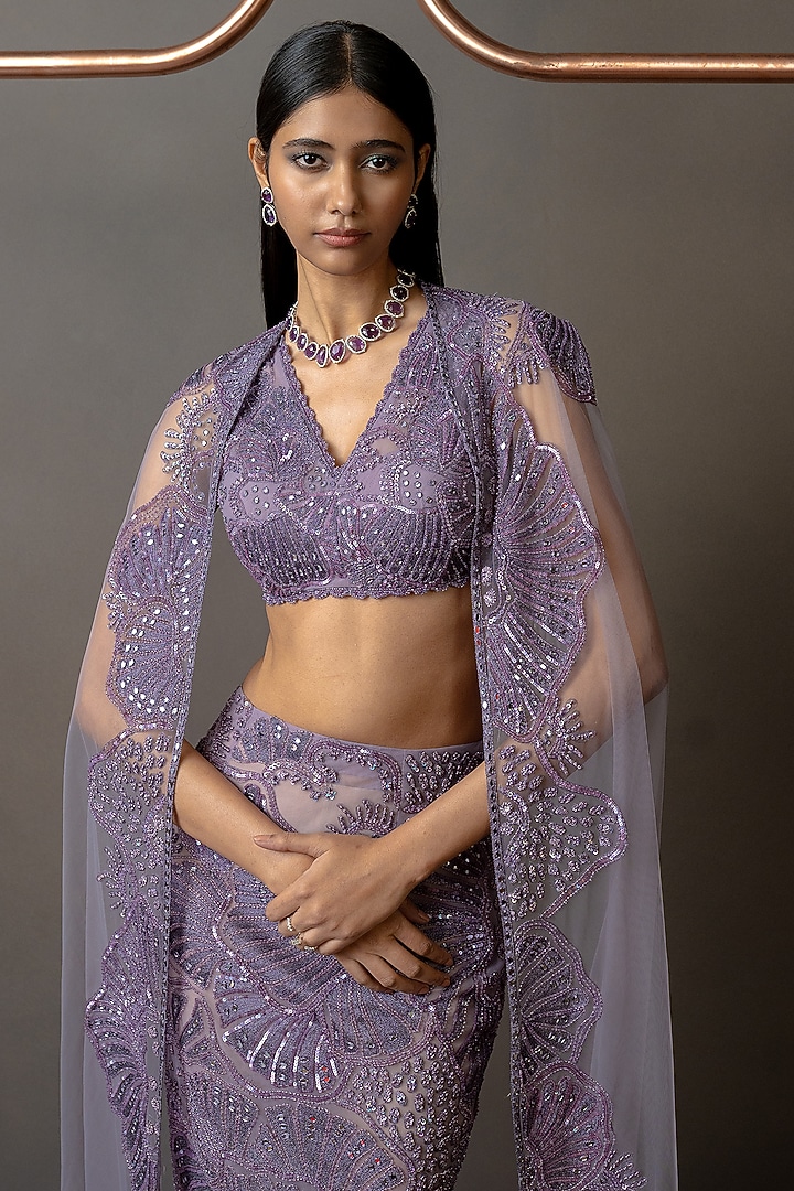 Lavender Tulle Embroidered Skirt Set by Mishru at Pernia's Pop Up Shop
