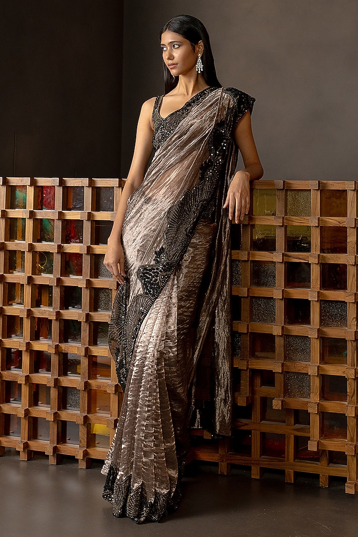 Black Tissue Embroidered Bridal Saree Set by Mishru at Pernia's Pop Up Shop