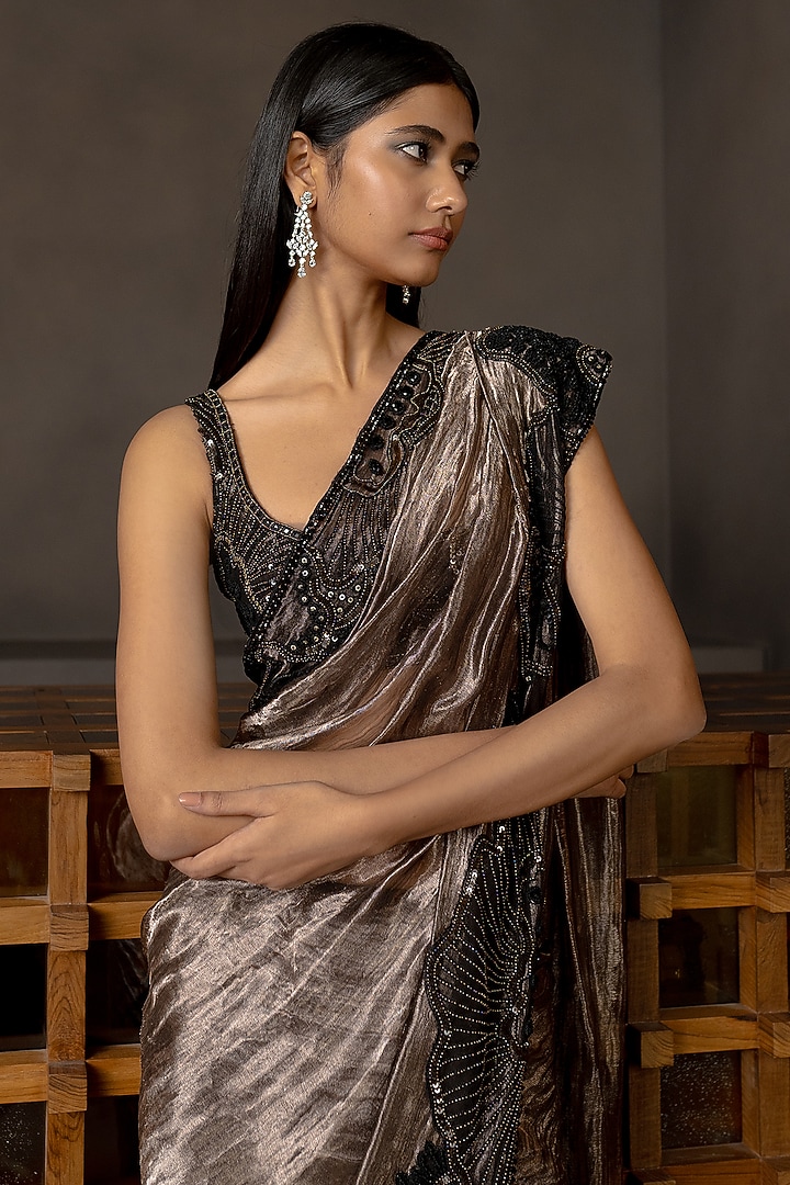 Black Tissue Embroidered Bridal Saree Set by Mishru at Pernia's Pop Up Shop