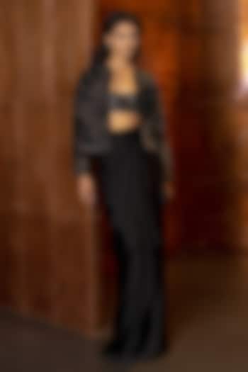 Black Satin Embroidered Draped Skirt Set by Mishru at Pernia's Pop Up Shop