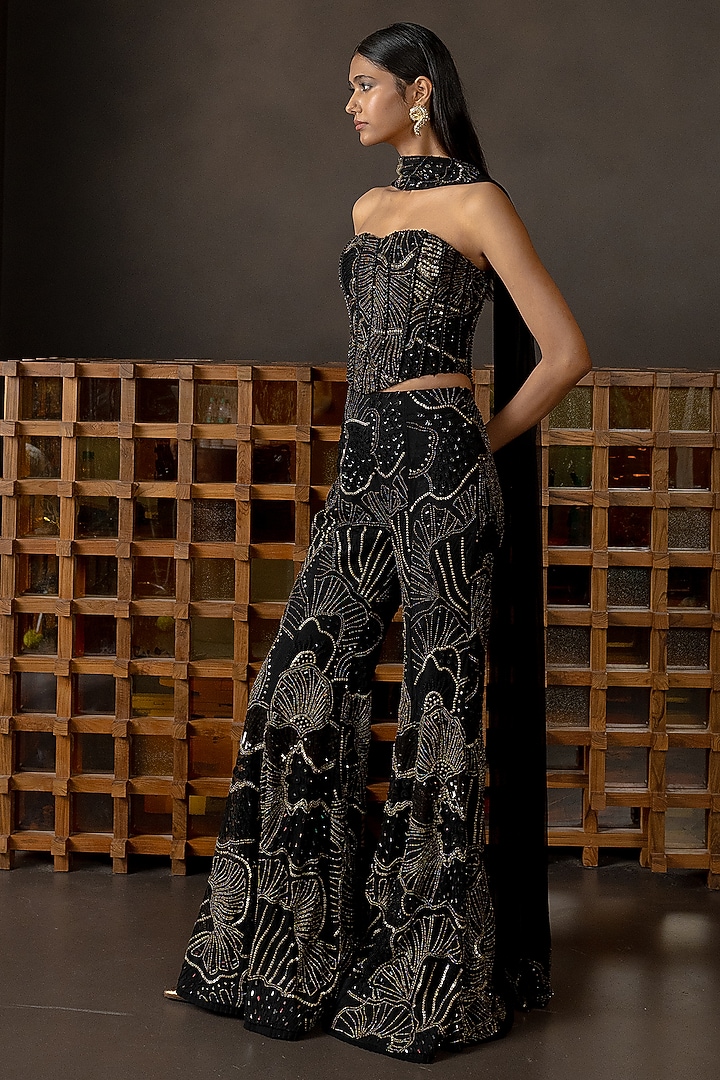 Black Tulle Embroidered Flared Pant Set by Mishru at Pernia's Pop Up Shop