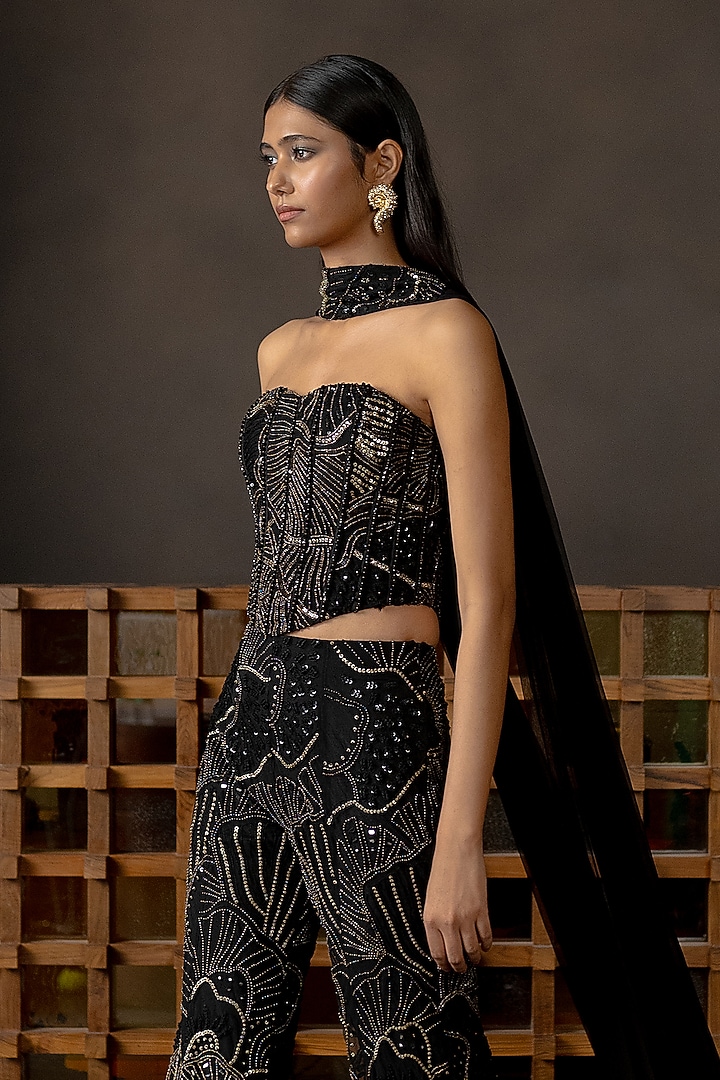 Black Tulle Embroidered Flared Pant Set by Mishru at Pernia's Pop Up Shop