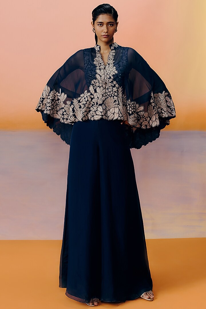 Navy Blue Organza Floral Embroidered Cape Set by Mishru at Pernia's Pop Up Shop