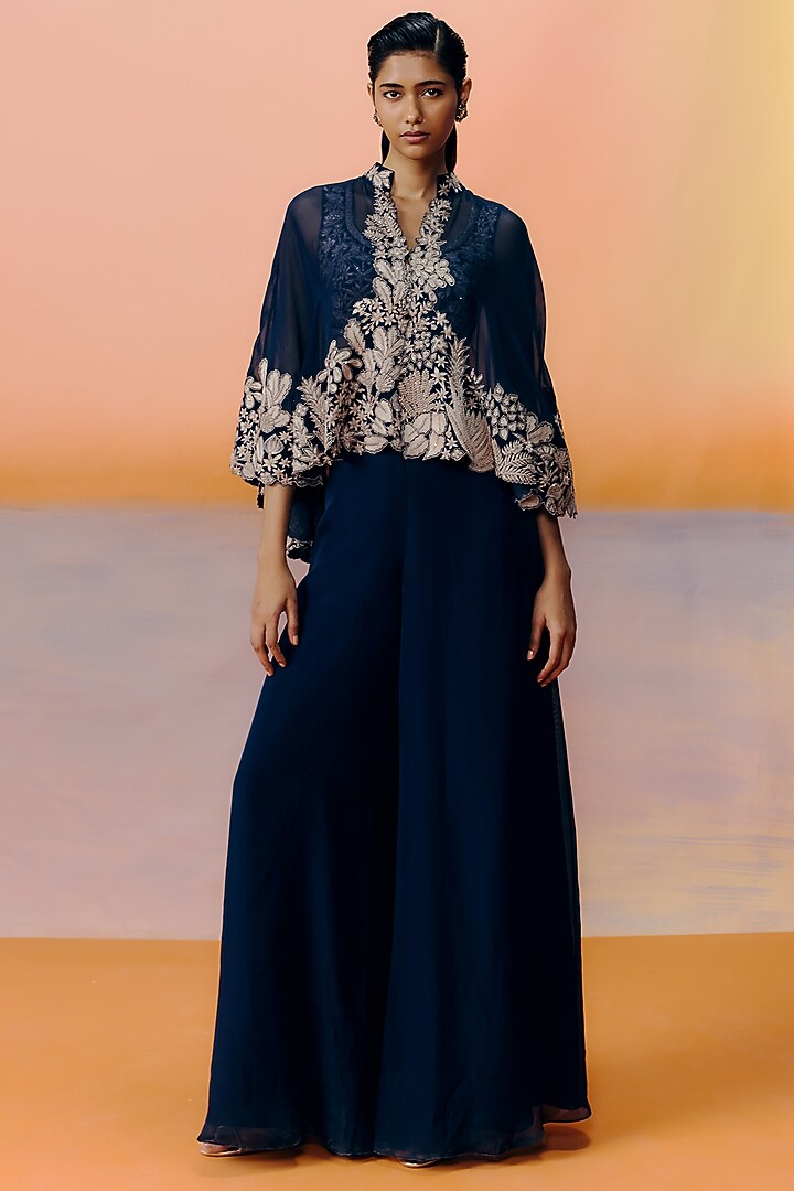 Navy Blue Organza Floral Embroidered Cape Set by Mishru at Pernia's Pop Up Shop