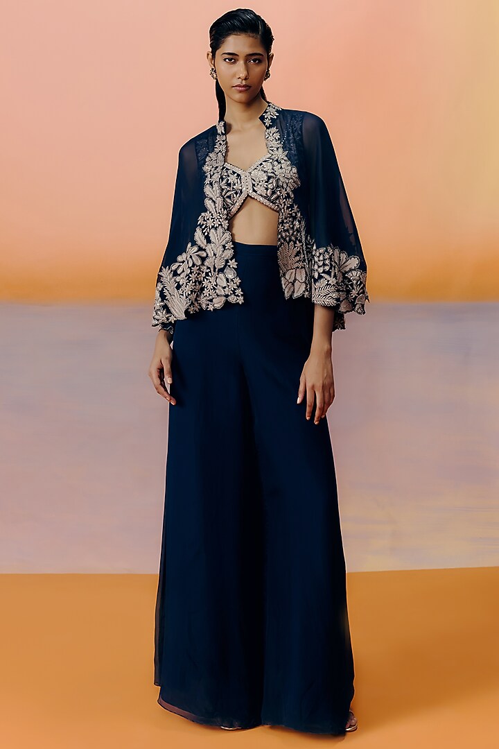 Navy Blue Organza Floral Embroidered Cape Set by Mishru at Pernia's Pop Up Shop