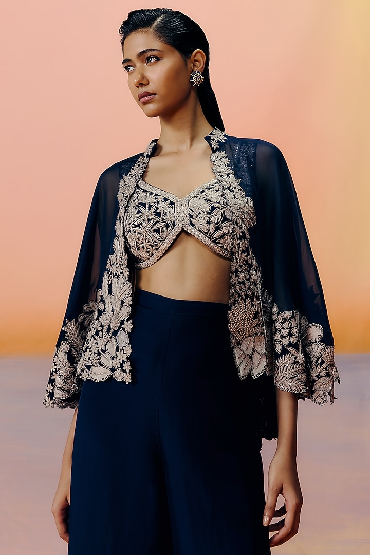 Navy Blue Organza Floral Embroidered Cape Set by Mishru at Pernia's Pop Up Shop