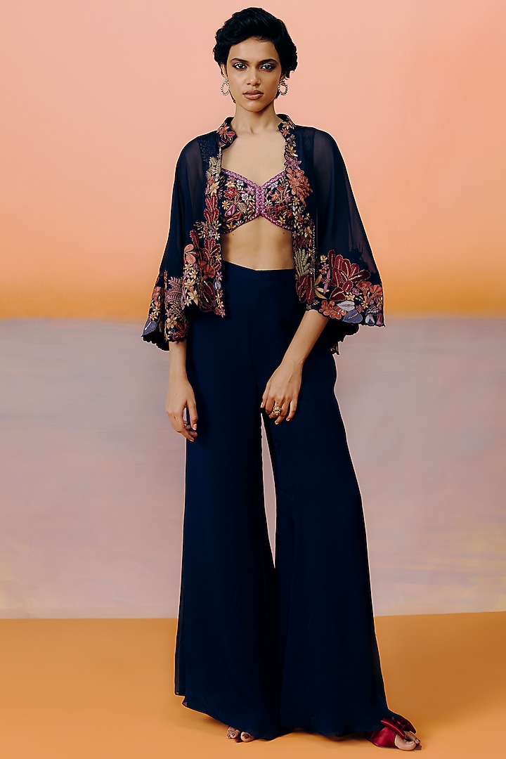 Navy Blue Organza & Satin Pant Set by Mishru at Pernia's Pop Up Shop