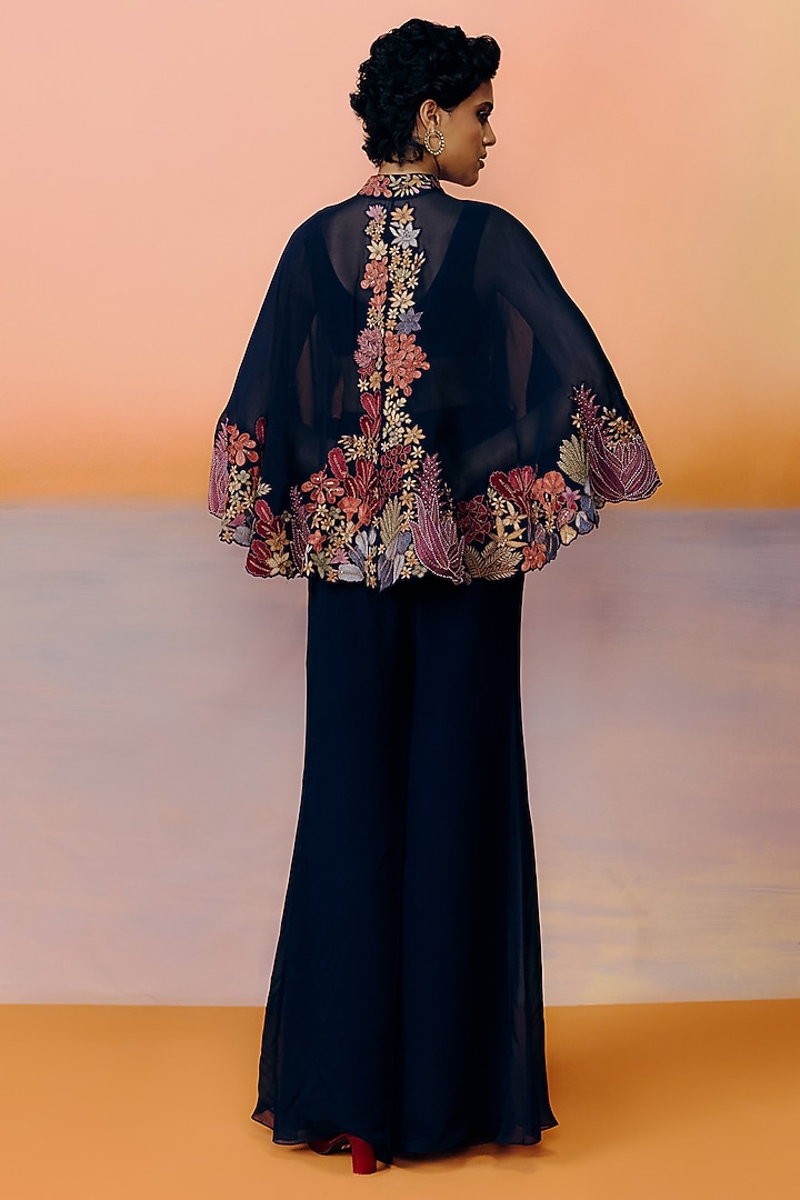 Navy Blue Organza & Satin Pant Set by Mishru at Pernia's Pop Up Shop