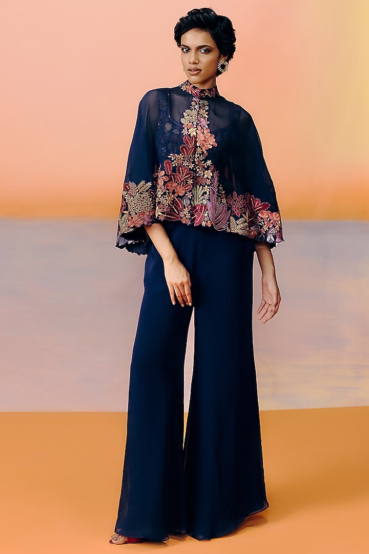 Navy Blue Organza & Satin Pant Set by Mishru at Pernia's Pop Up Shop