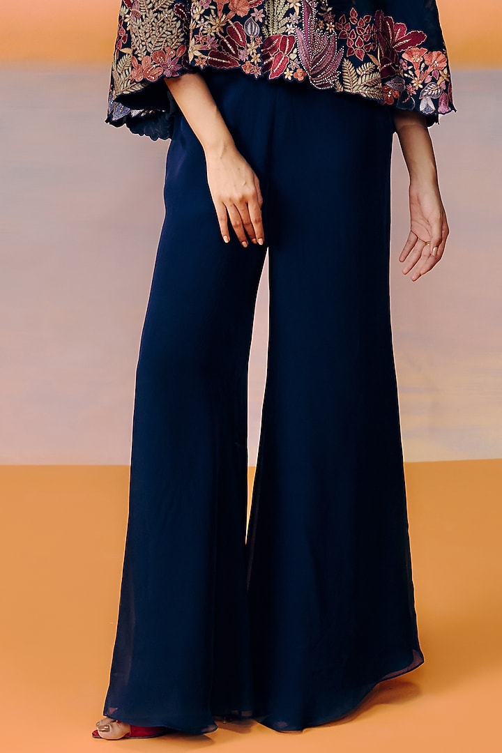 Navy Blue Organza & Satin Pant Set by Mishru at Pernia's Pop Up Shop