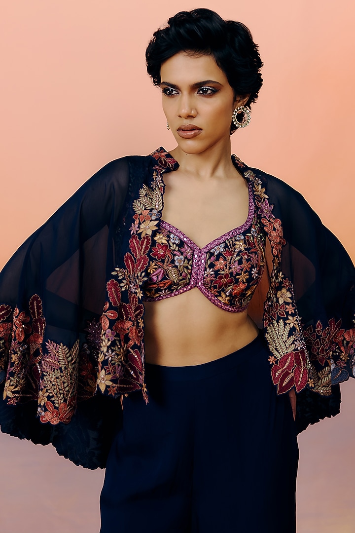 Navy Blue Organza & Satin Pant Set by Mishru at Pernia's Pop Up Shop