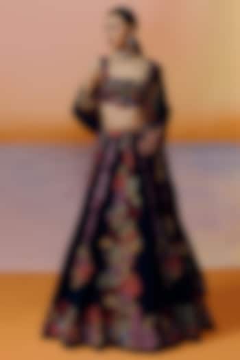 Black Organza Floral Embroidered Bridal Lehenga Set by Mishru at Pernia's Pop Up Shop