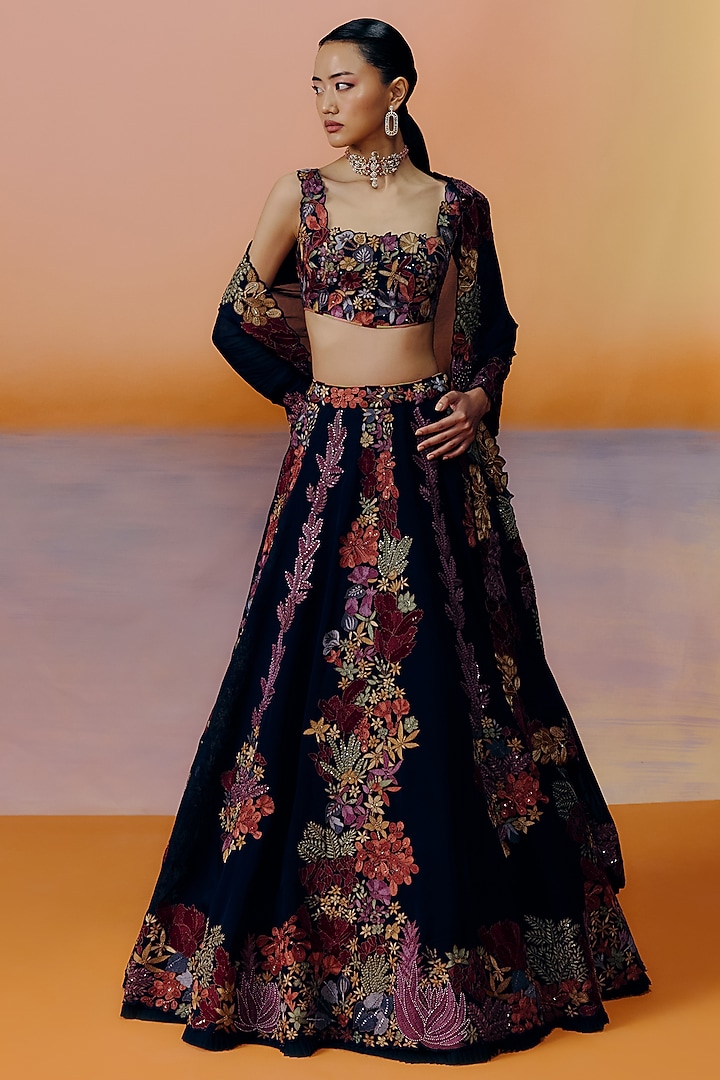 Black Organza Floral Embroidered Bridal Lehenga Set by Mishru at Pernia's Pop Up Shop